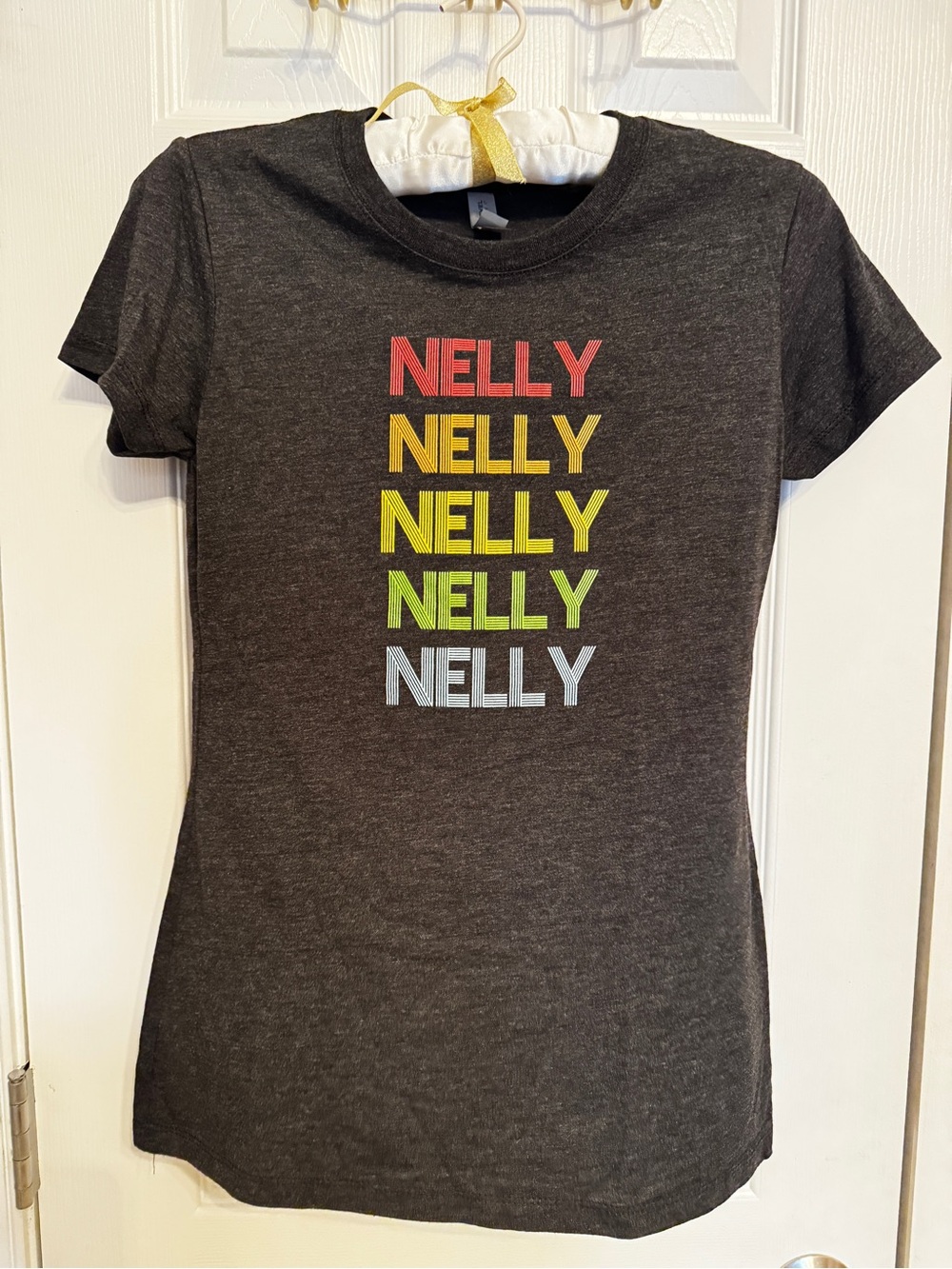 Nelly multi-color Next Level Apparel Charcoal tee. Charcoal gray.